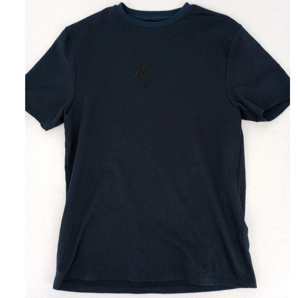 River Island T-Shirt Mens Size M Navy Blue Ribbed Short Sleeve Logo